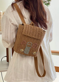 Woven Straw Backpack with Cottage Embroidery