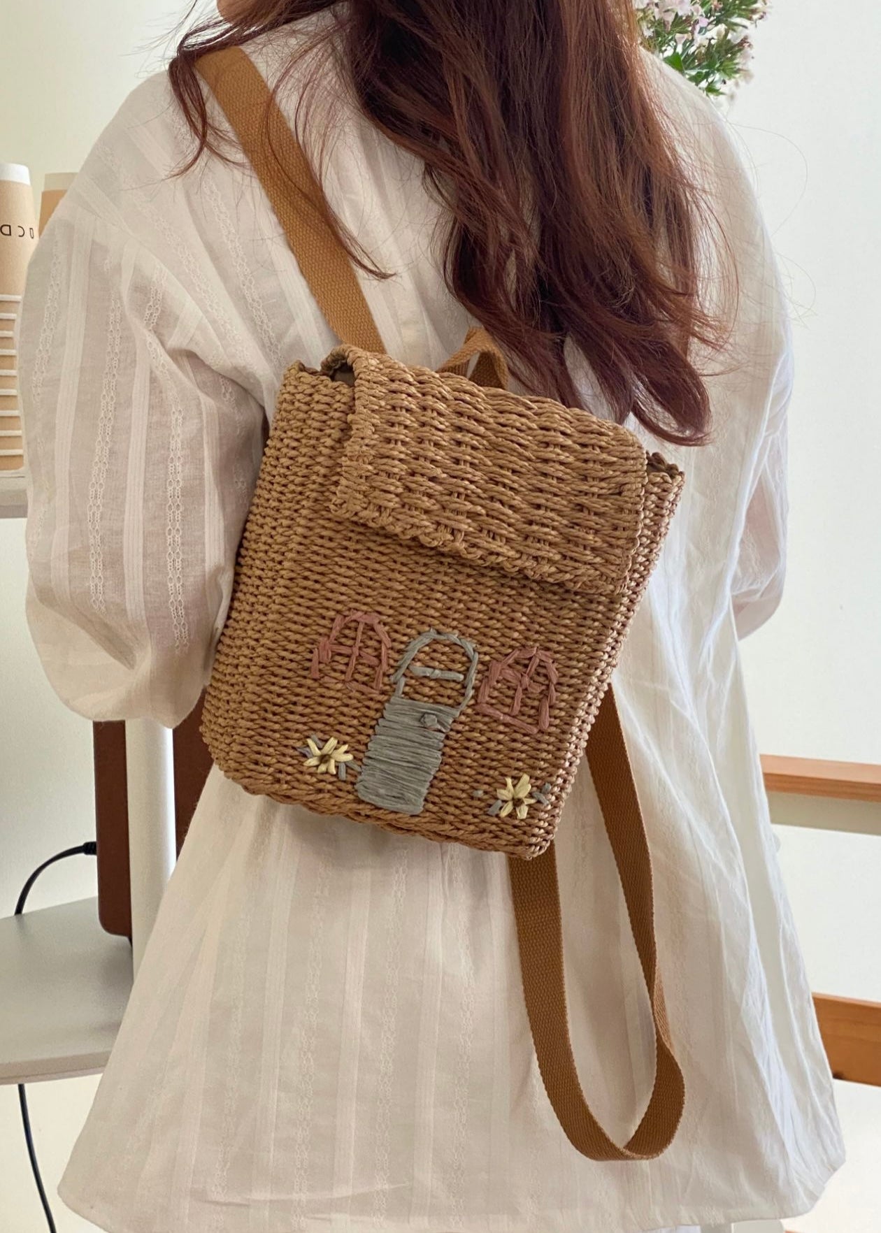 Woven Straw Backpack with Cottage Embroidery
