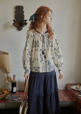 Meadow Folk Tie Blouse | Vintage Navy Print Peasant Top