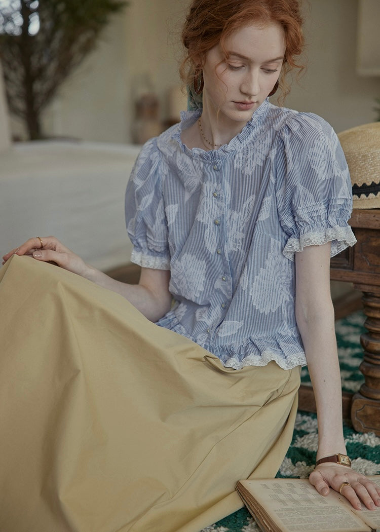 Lilac Garden Blouse | Embroidered Puff Sleeve Ruffle Top