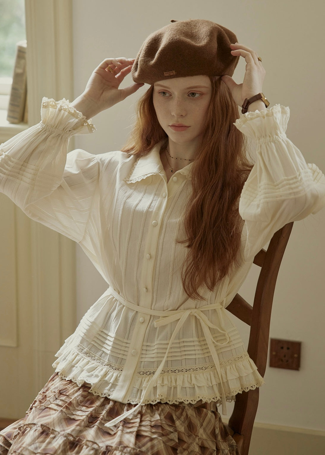 Rromantic Vintage Lace Ruffle Tie Waist Blouse
