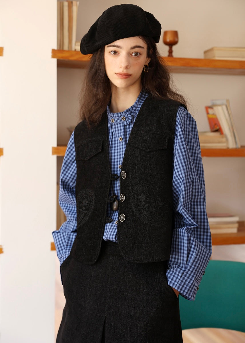 Midnight Paisley Embroidered Corduroy Vest