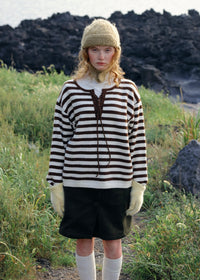 Brown Striped Tie-Front Knit Sweater
