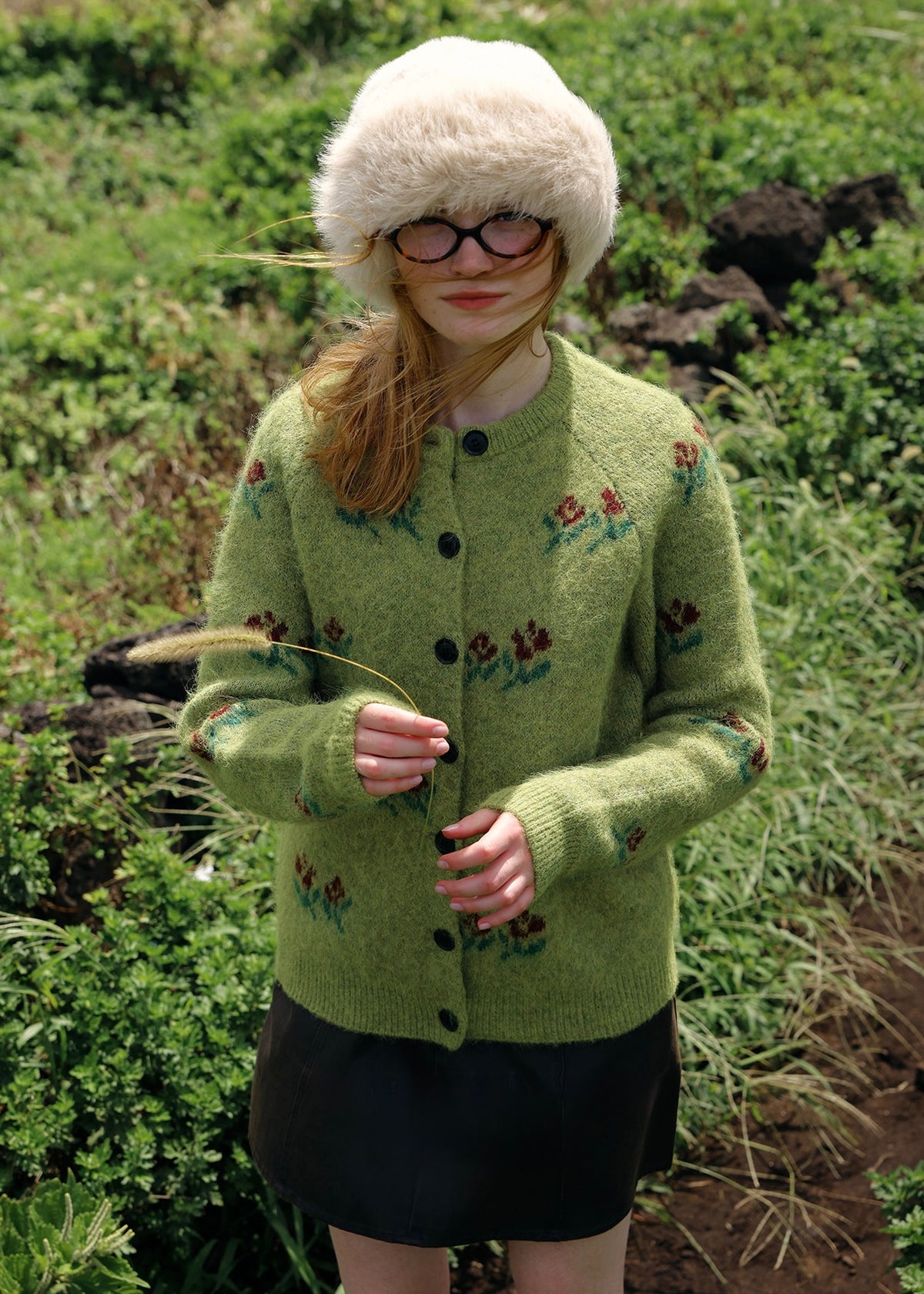 Mossy Rose Wool Floral Jacquard Cardigan