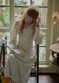 Cream Beige Vintage Ruched Waist Embroidered Dress