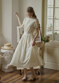 Ivory Poise Embroidered Puff Sleeve Midi Dress