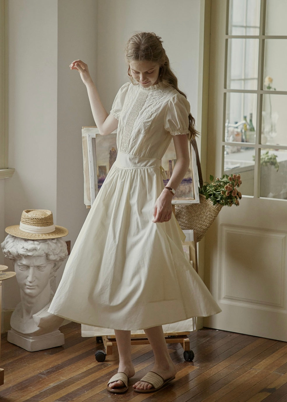 Ivory Poise Embroidered Puff Sleeve Midi Dress