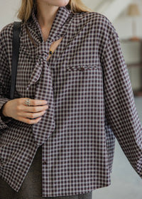 Vintage Plaid Scarf Tie V-Neck Blouse