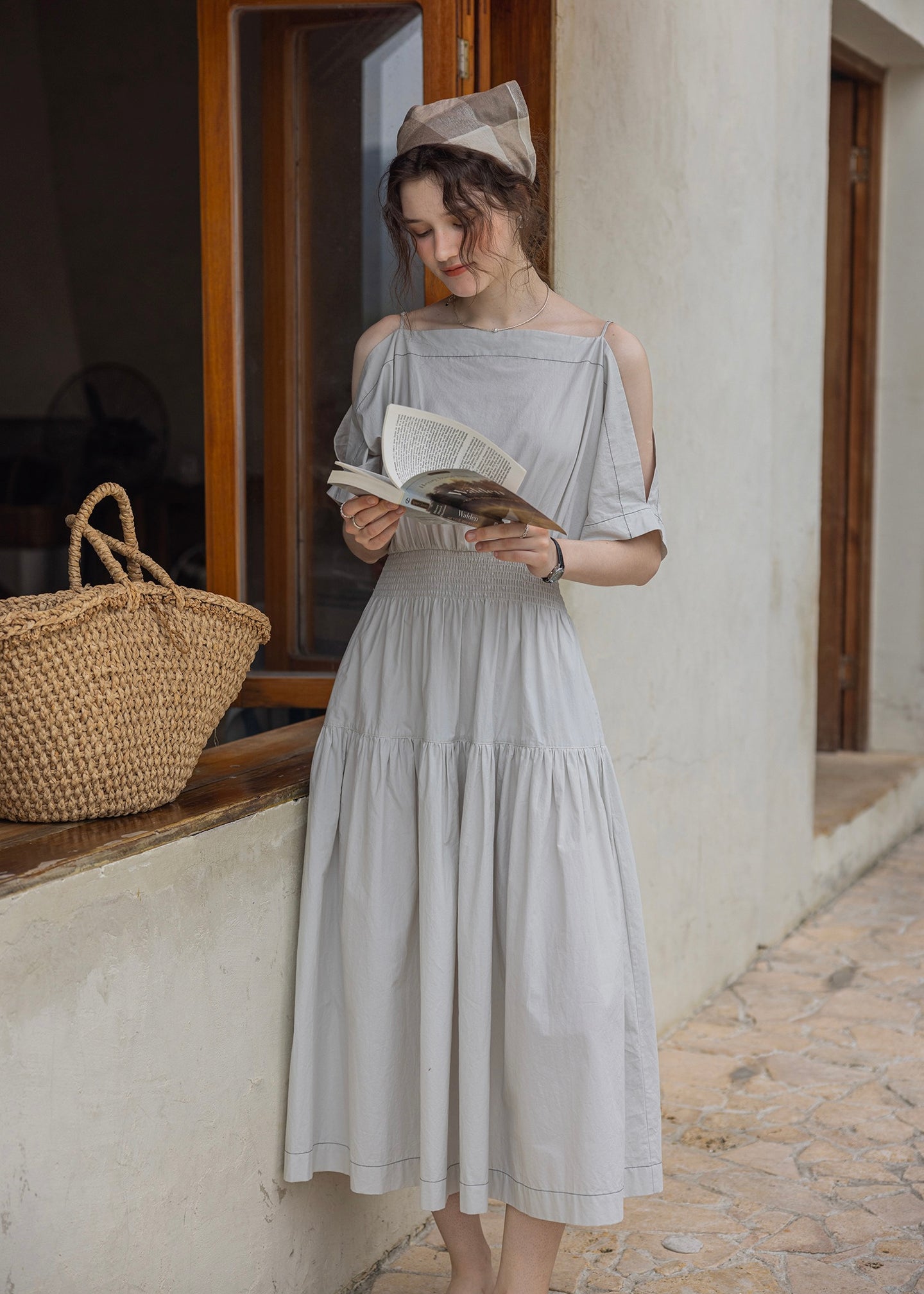 Convertible Off-Shoulder Smocked Cotton Dress