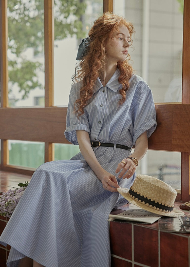 Morning Letter Stripe Dress | Classic Blue Shirt Dress