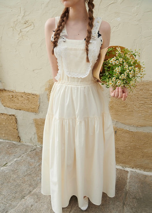 Daisy Lace Suspender Cream Vintage Maxi with Embroidered Bib