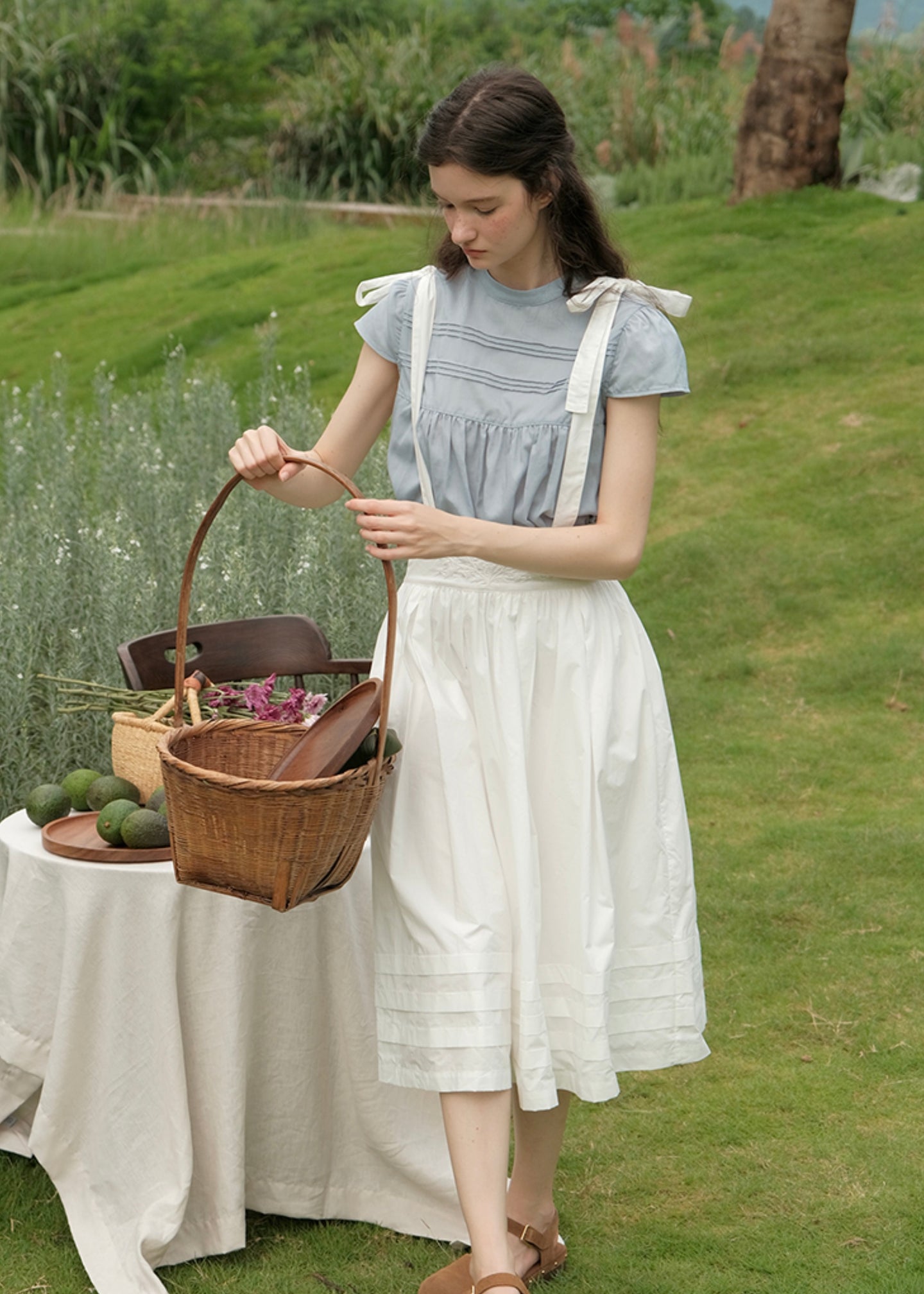 Sunday Light Cotton Bib Dress | White Pleated Embroidered Midi