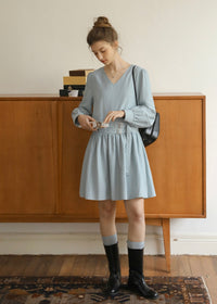 Soft Mist Belted Vintage Pastel Blue Dress