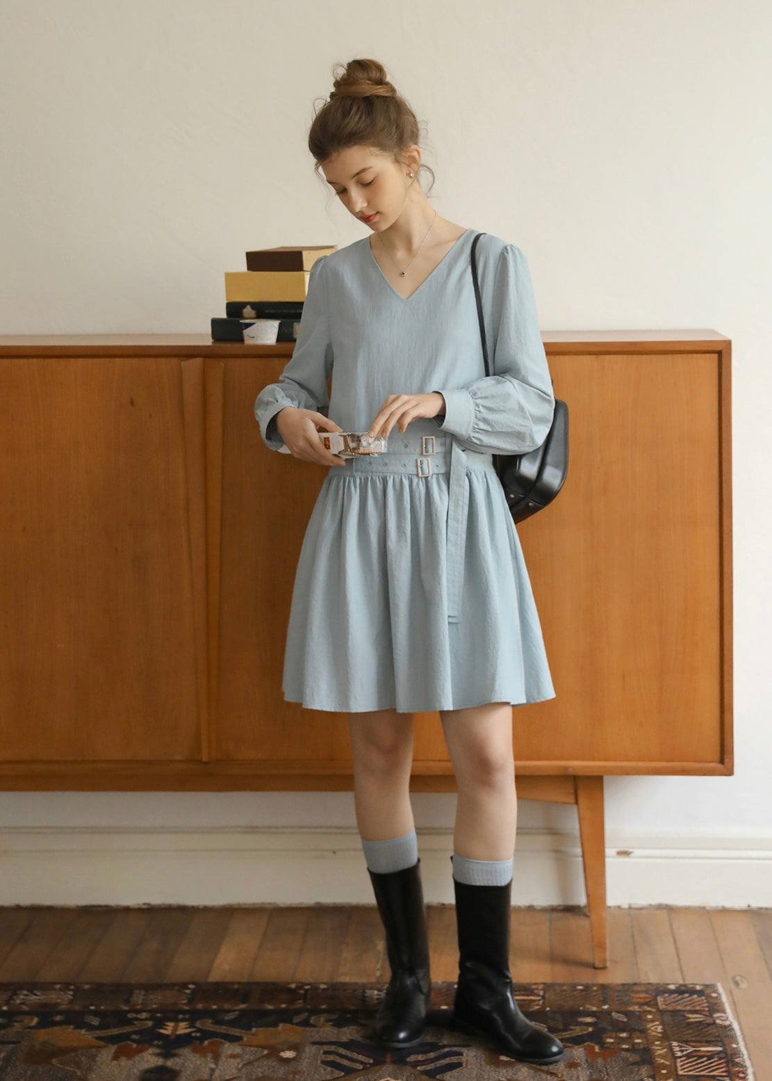 Soft Mist Belted Vintage Pastel Blue Dress