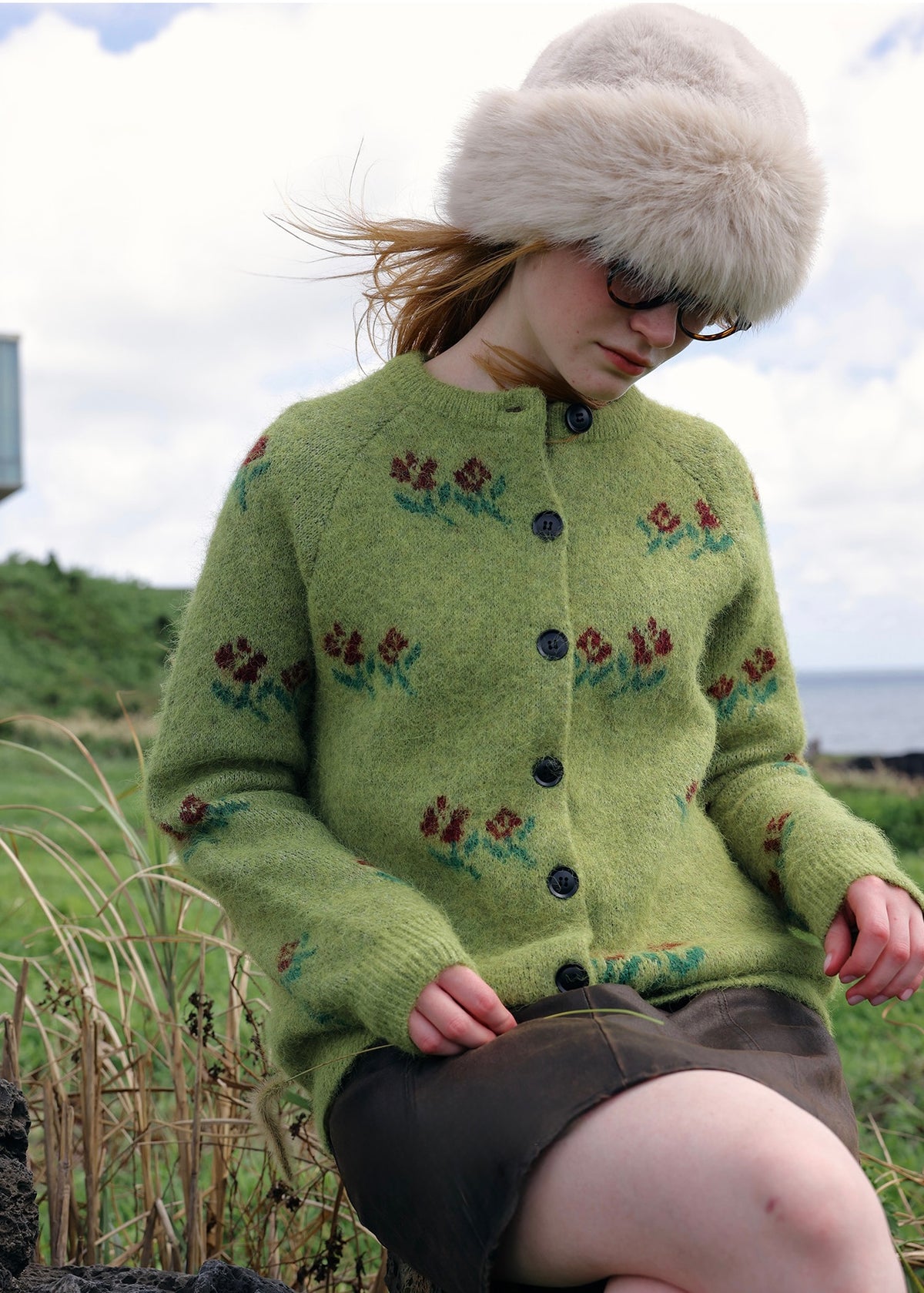 Mossy Rose Wool Floral Jacquard Cardigan