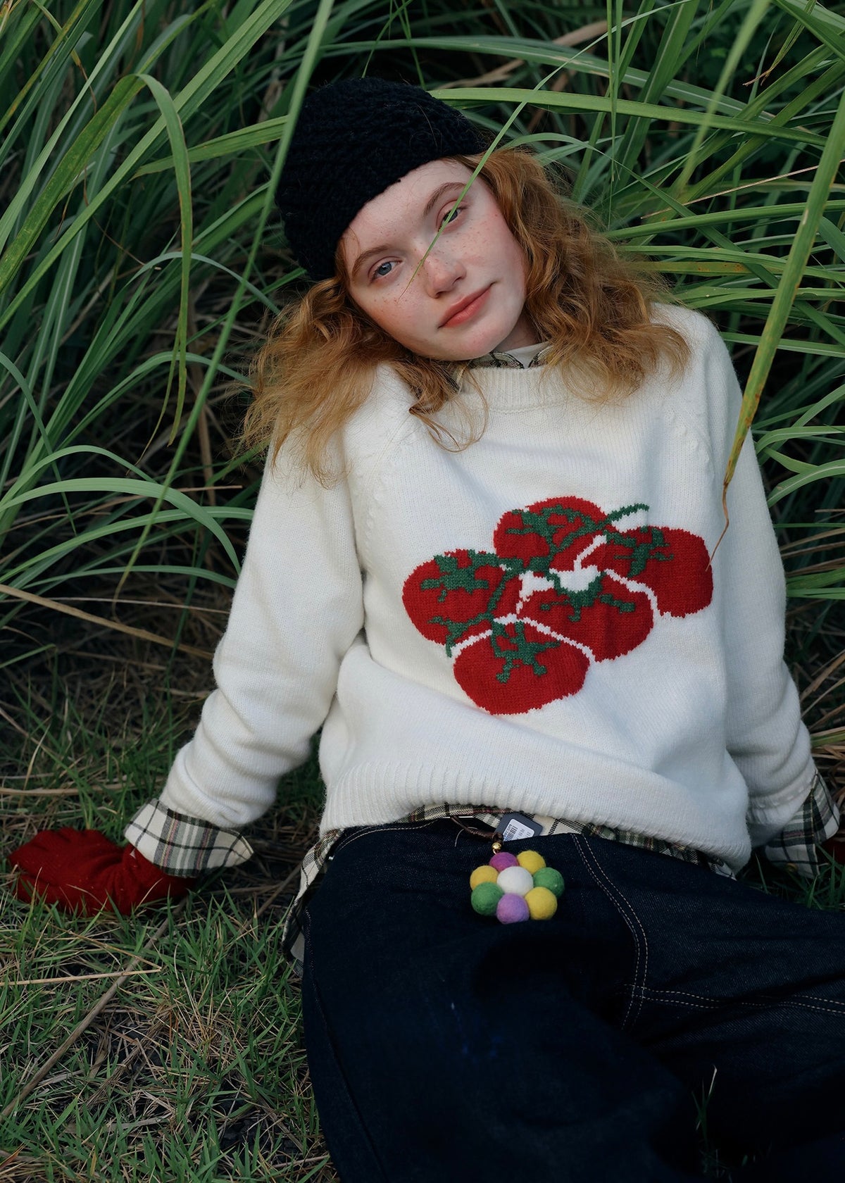 Tomato Jacquard Crew Neck Knit Sweater