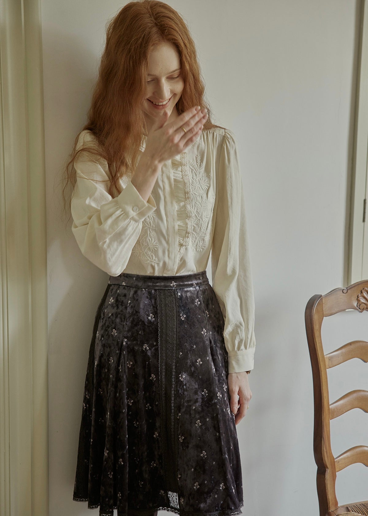 Romantic Cream Lace Embroidered Ruffle Collar Vintage Blouse
