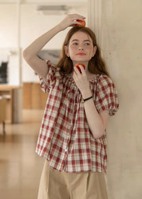 Cherry Plaid Ruffle Blouse | Vintage Red Gingham Short Sleeve Top