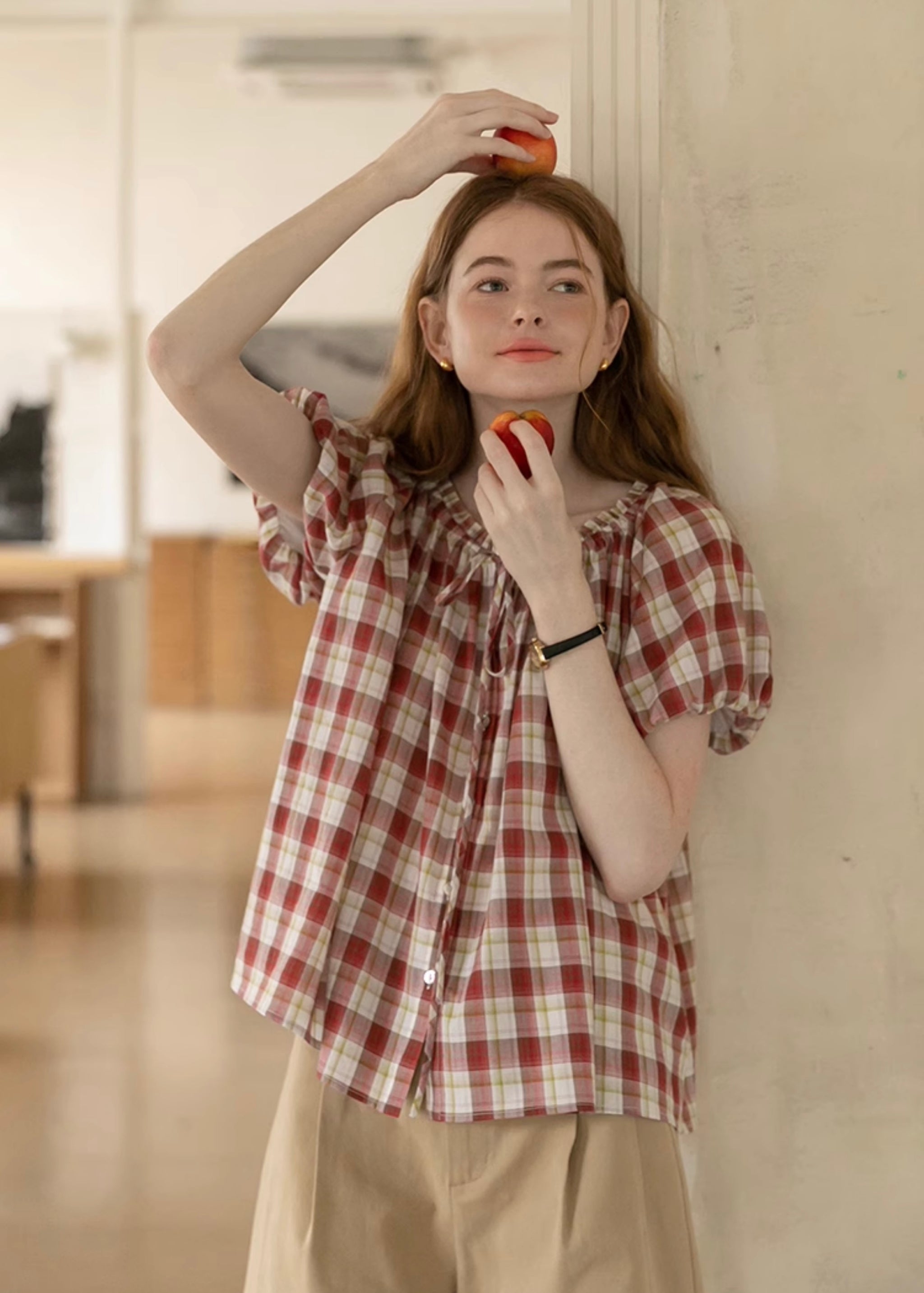 Cherry Plaid Ruffle Blouse | Vintage Red Gingham Short Sleeve Top