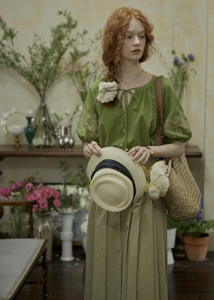 Willow Garden Embroidered Blouse | Romantic Green Cotton Shirt