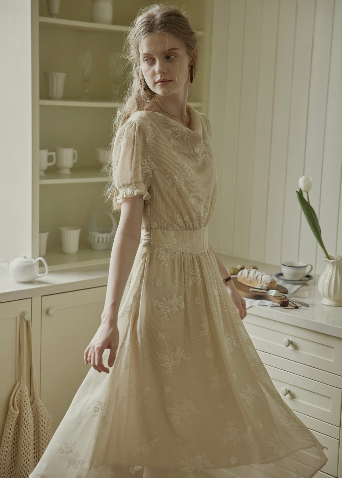 Aveline Draped Neck Floral Embroidered Dress