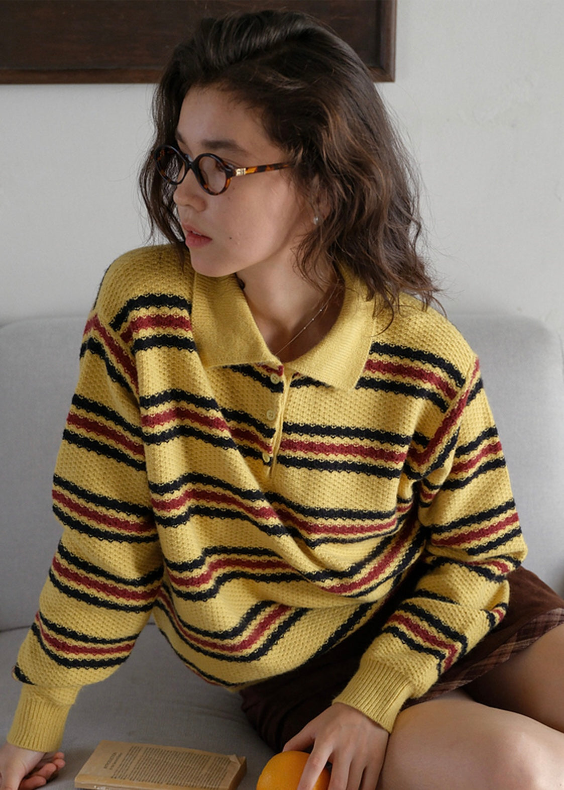 Vintage Striped Polo Collar Color Block Knit Sweater