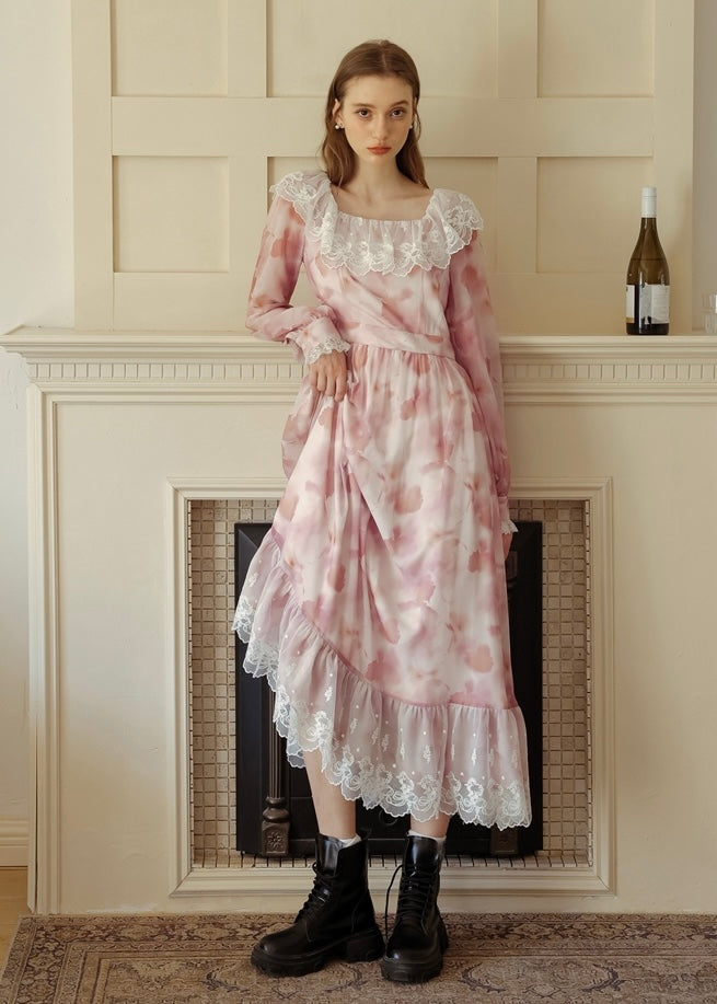 Rose Mist Lace Collar Romantic Vintage Long Dress