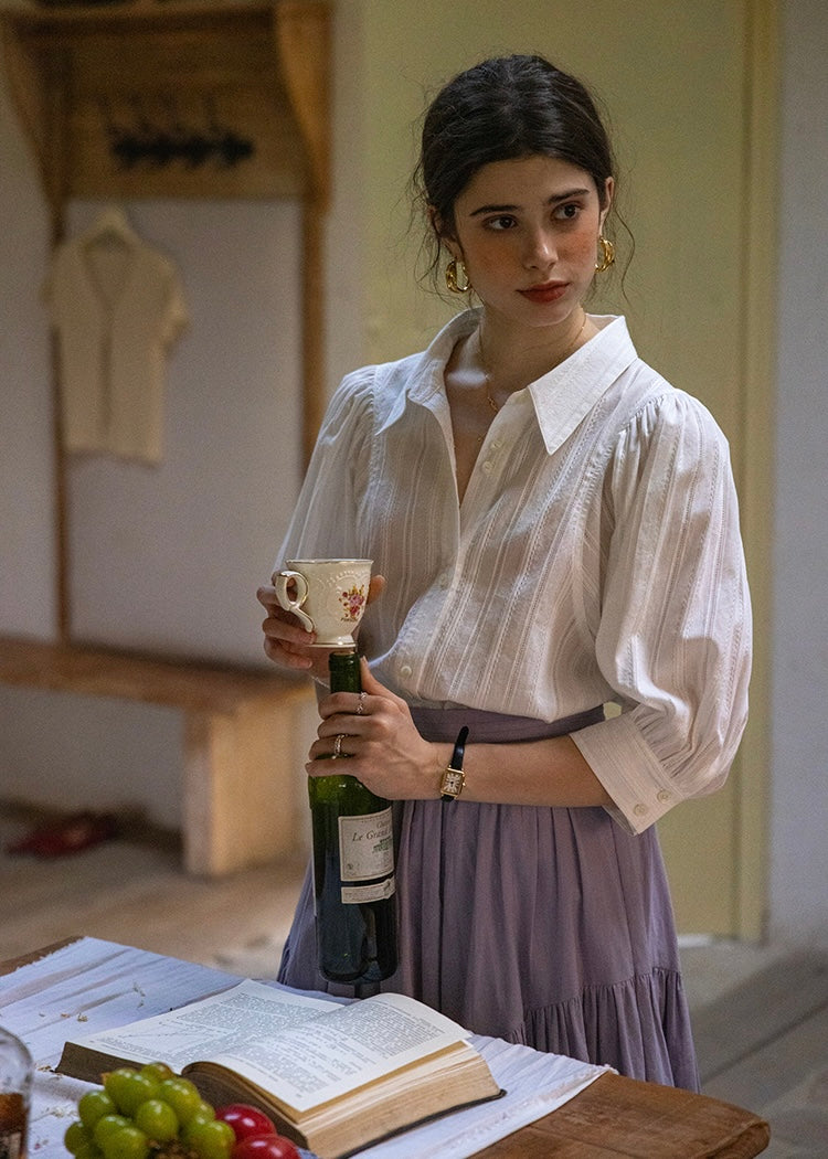 Maison Puff Stripe Shirt | Romantic Cotton Volume Blouse with Vintage Collar(2COLOR)