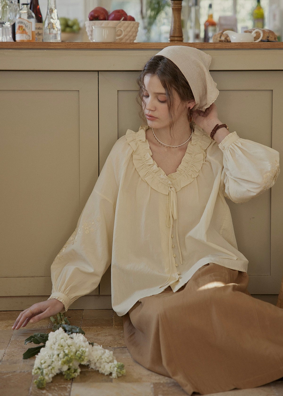 Buttercream Ruffle Embroidered Vintage Blouse