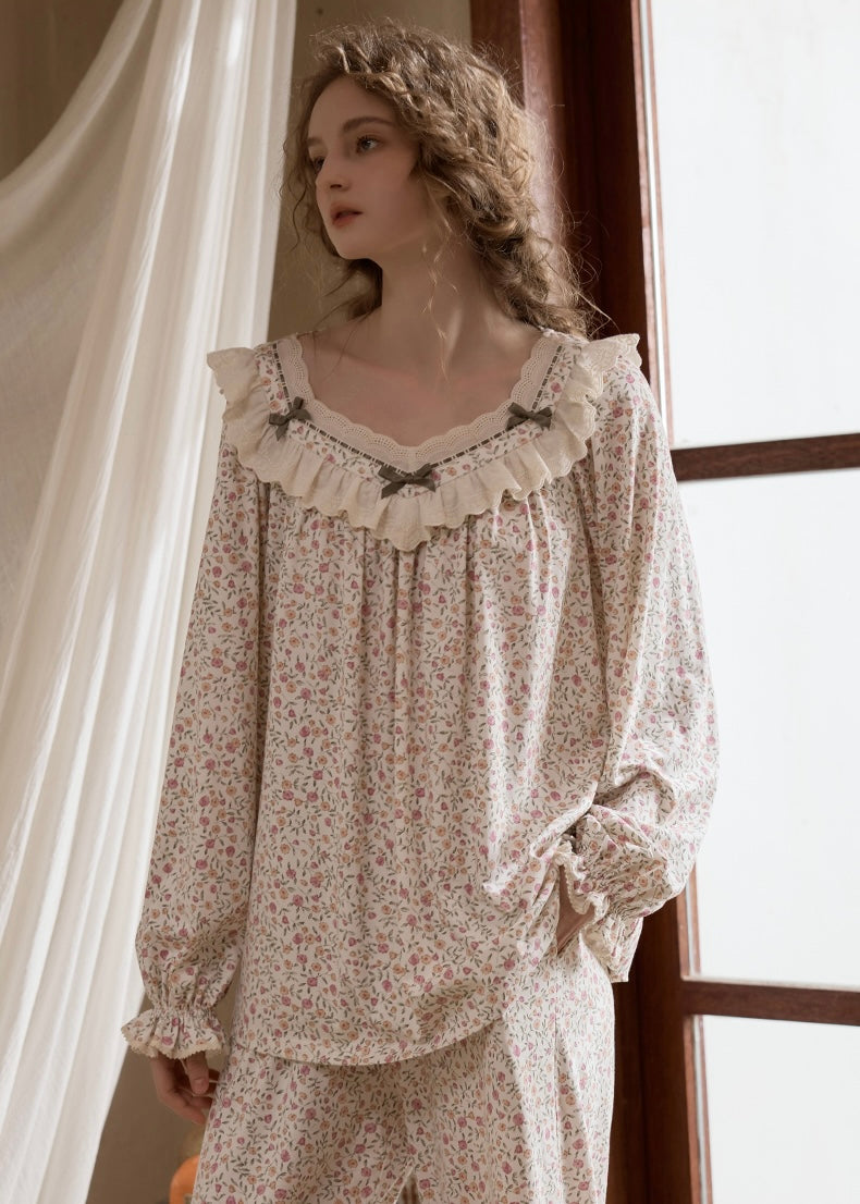 Blossom Ruffle Vintage Floral Lace Pajama Set Nightwear(2COLOR)