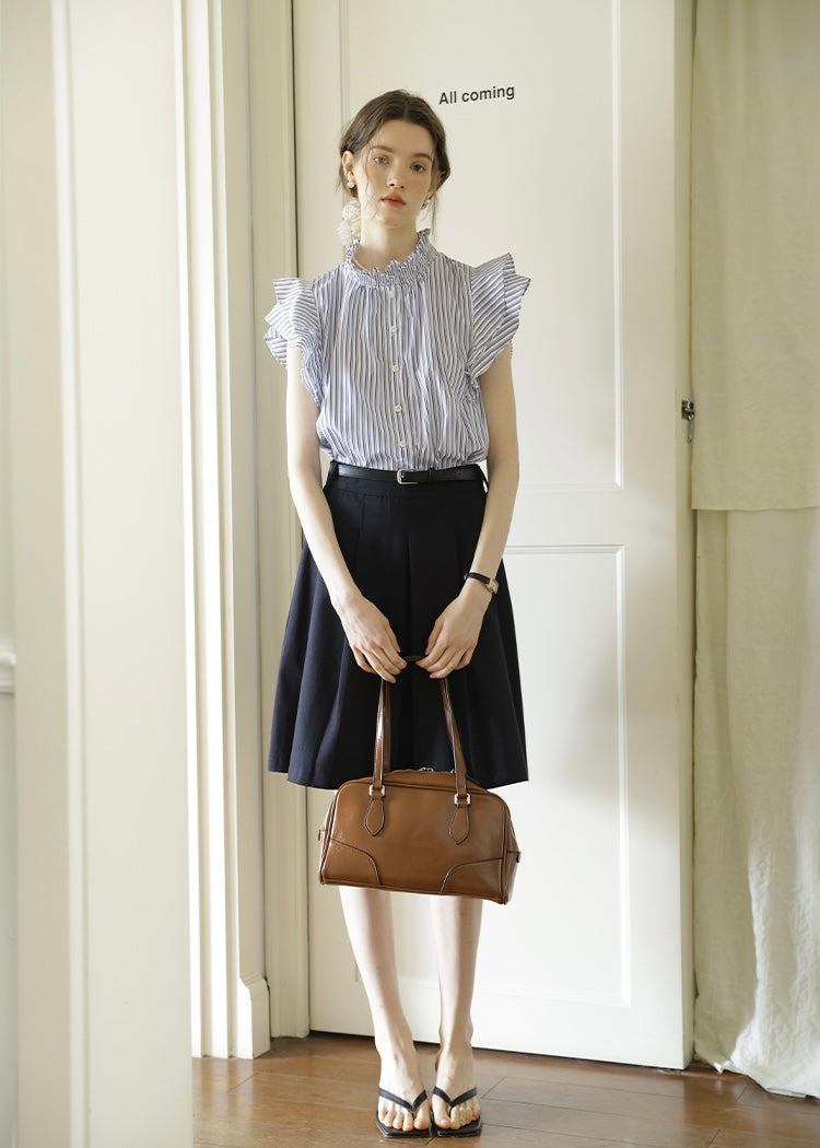 Celeste Stripe Frill Blouse | Blue Ruffle Neck Sleeveless Summer Top