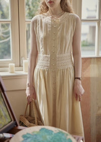 Ivory Lace Pintuck Button Front Midi Dress Sleeveless Vintage