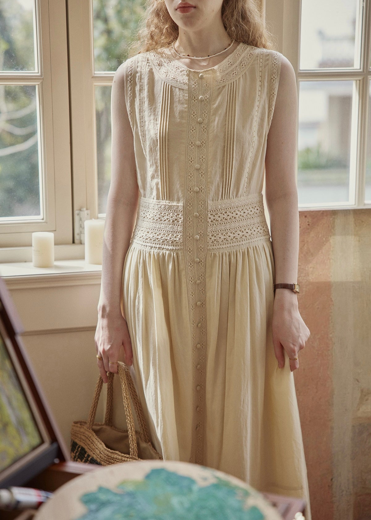 Ivory Lace Pintuck Button Front Midi Dress Sleeveless Vintage