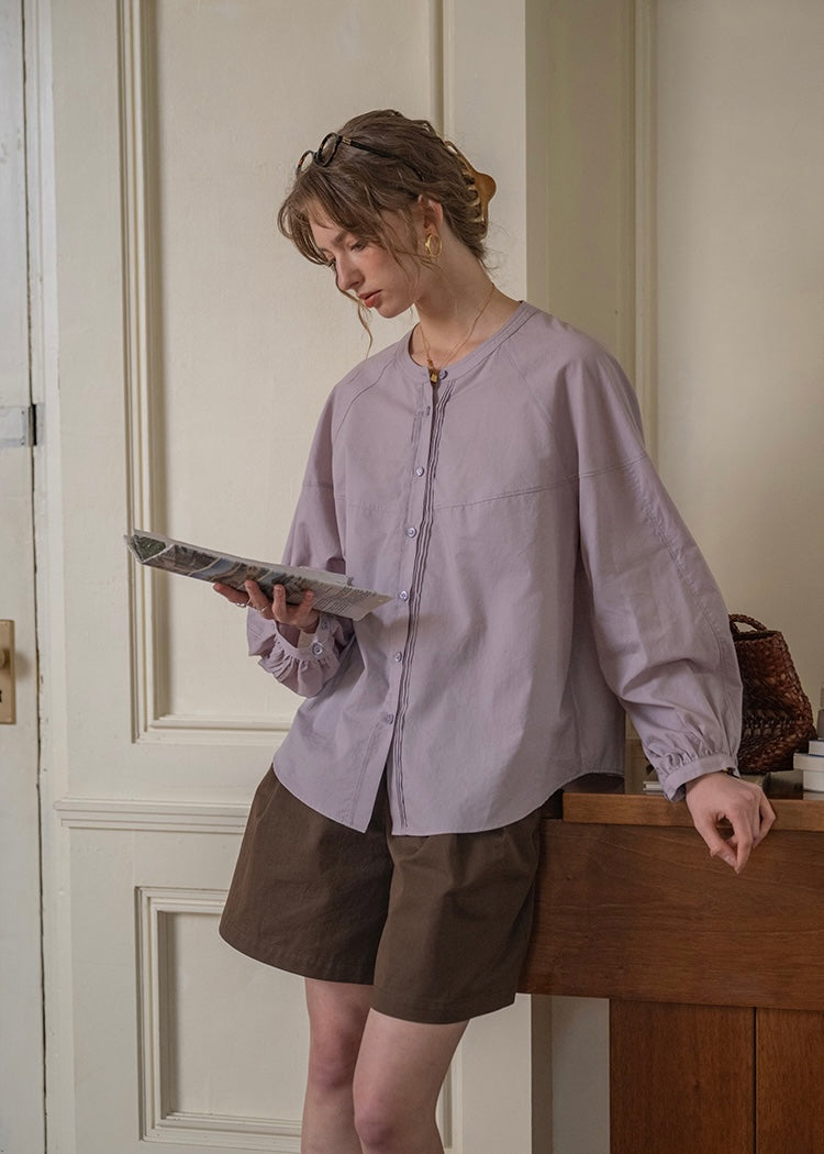 Aire Button Blouse | Minimal Volume Sleeve Round Neck Shirt(2COLOR)