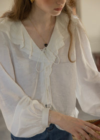 Romantic Ribbon Ruffle Vintage White Blouse