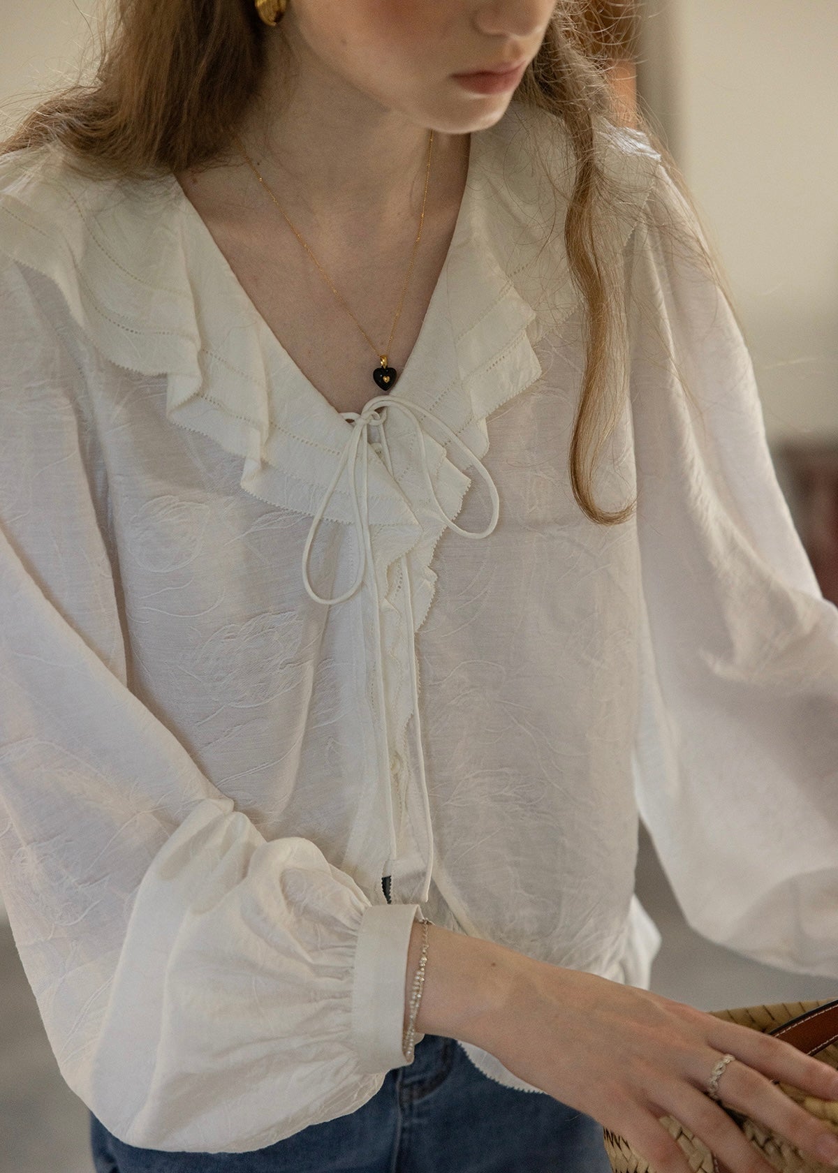 Romantic Ribbon Ruffle Vintage White Blouse
