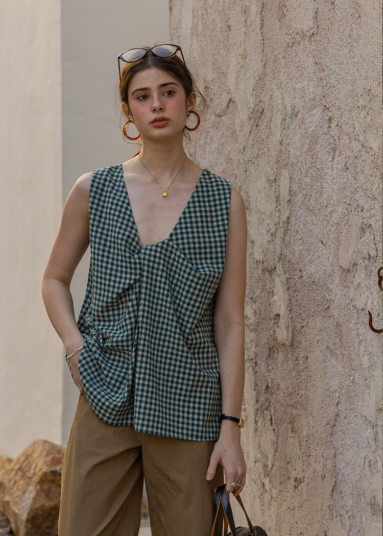 Lemon Noon Check Vest Top | Linen Cotton Sleeveless V-Neck Shirt(2COLOR)