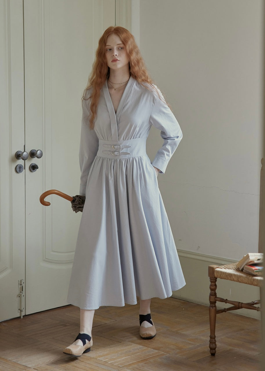 Buckled Waist Long Dress V-Neck A-Line Maxi Dress