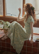 Verde Bloom Long Dress | Vintage Mint Floral Ruched Dress