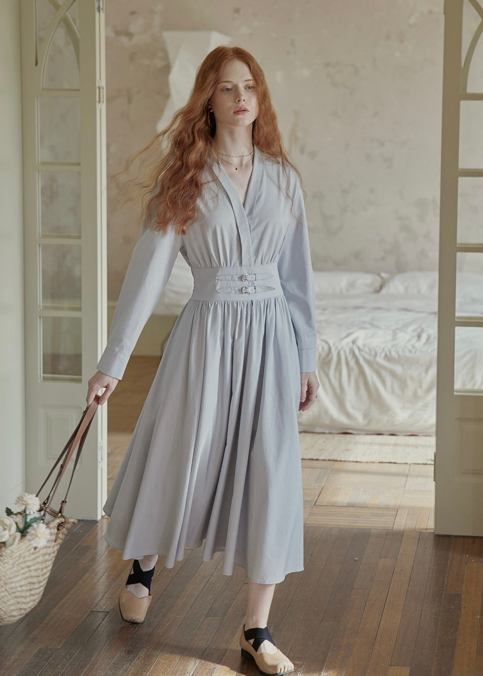 Buckled Waist Long Dress V-Neck A-Line Maxi Dress