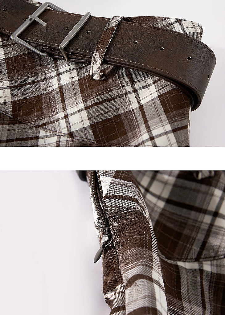 Belted Plaid Handkerchief Midi Skirt
