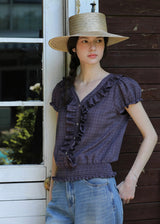 Plum Check Short Sleeve Ruffle Shirring Blouse