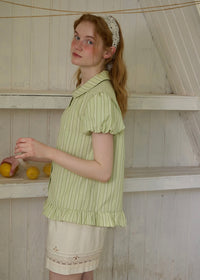 Liora Mint Stripe Puff Sleeve Ruffle Hem Blouse