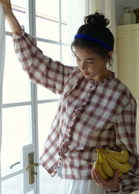 Vintage Plaid Ruffle Collar Lantern Sleeve Blouse