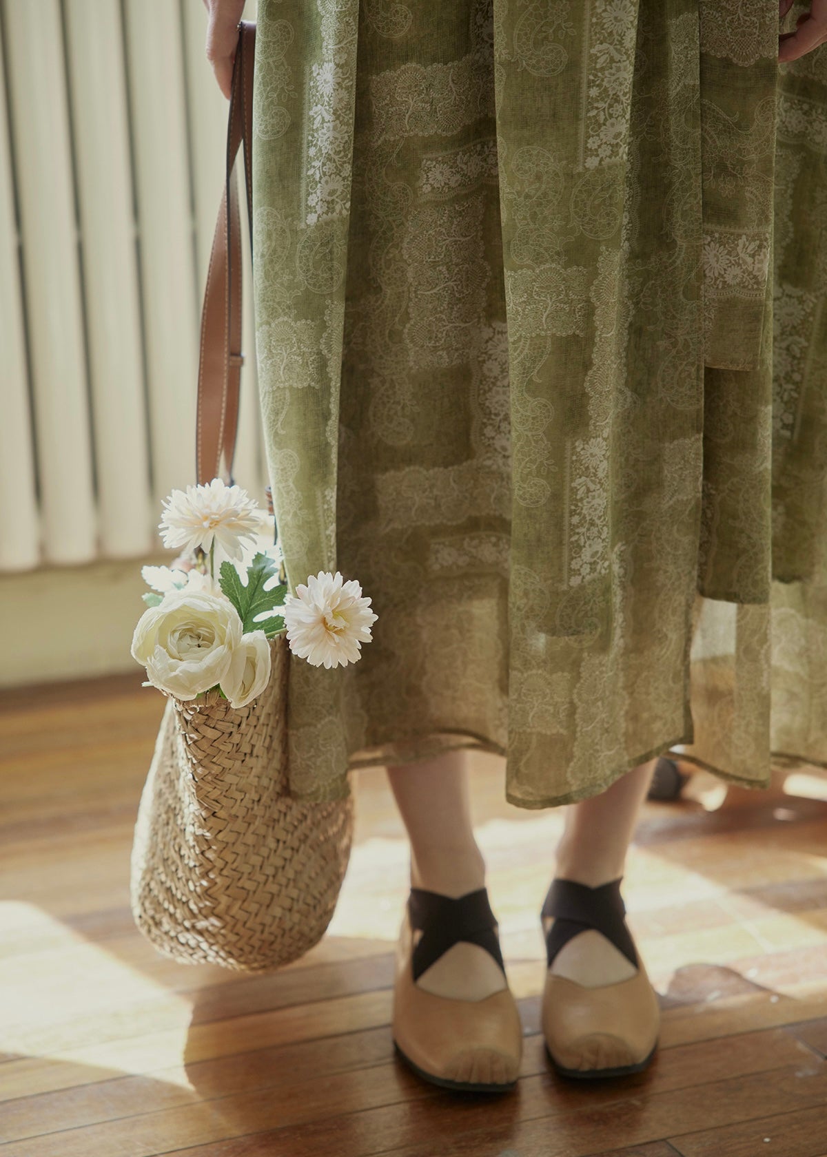 Vintage Sage Green Floral Wrap Maxi Dress