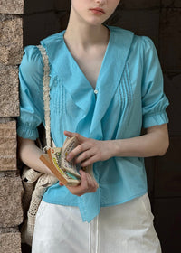 Azure Reverie Ruffle Collar Blouse