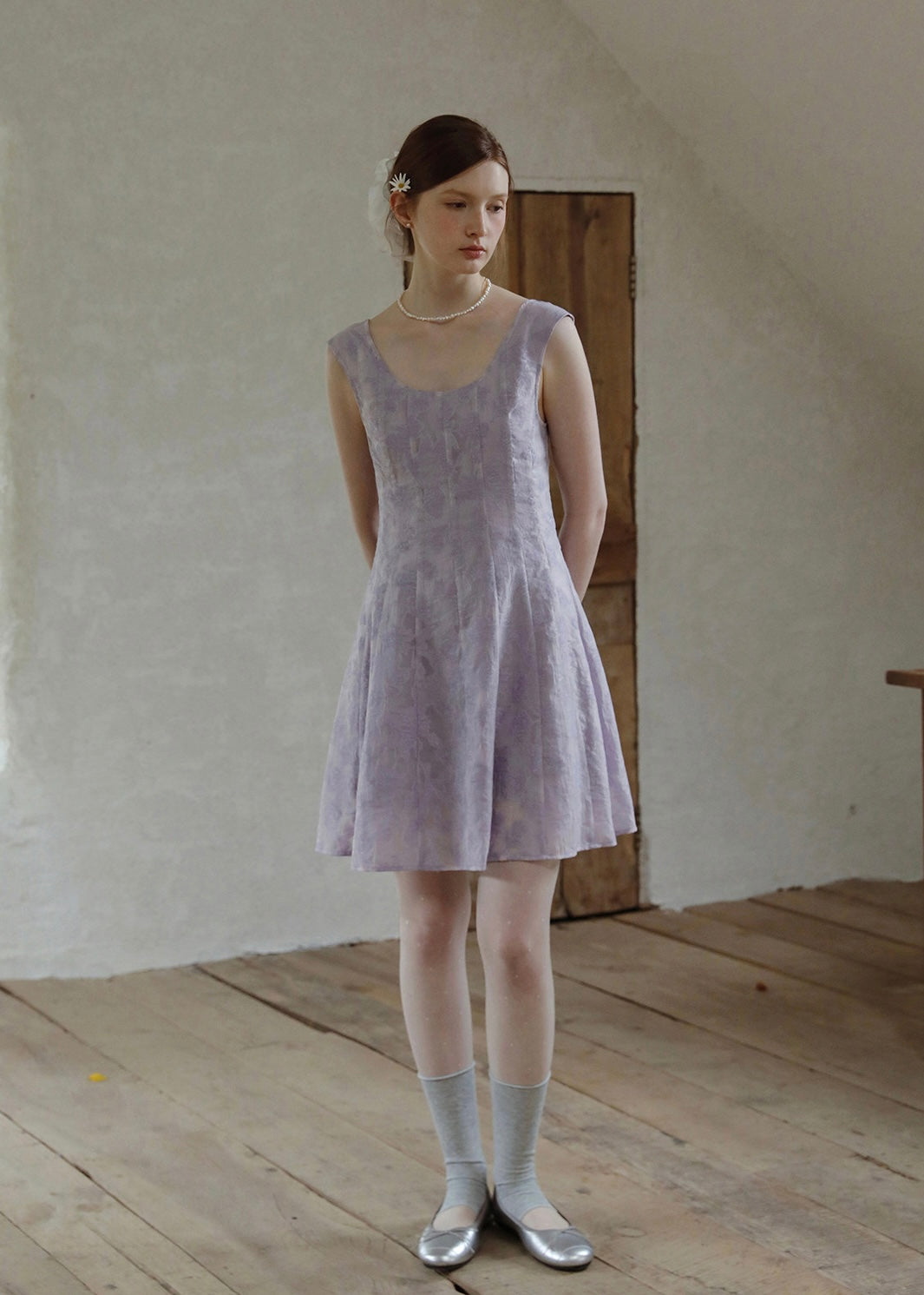 Lilas Reverie Lavender Jacquard Lace-Up Dress