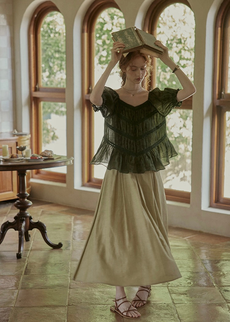 Château Garden Pintuck Blouse | Vintage Dark Green Peplum Top
