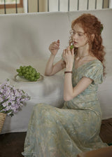Verde Bloom Long Dress | Vintage Mint Floral Ruched Dress