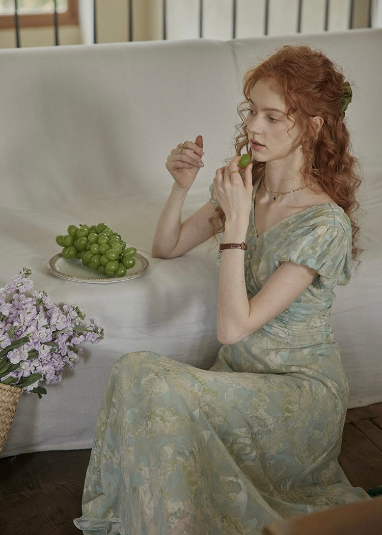 Verde Bloom Long Dress | Vintage Mint Floral Ruched Dress